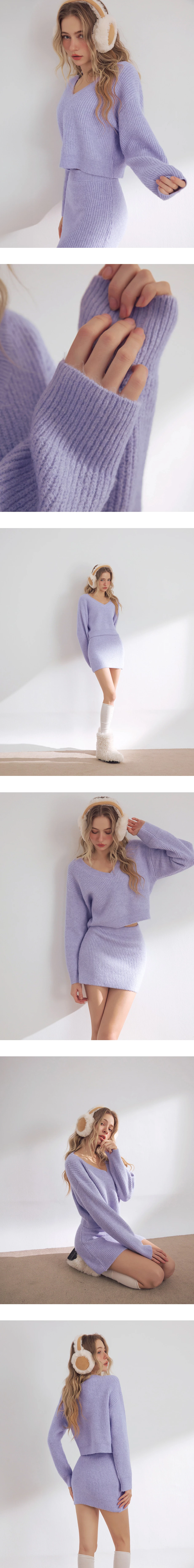 Cozy Ribbed Knit V Neck Long Sleeve Top and Matching Mini Skirt Set Wear