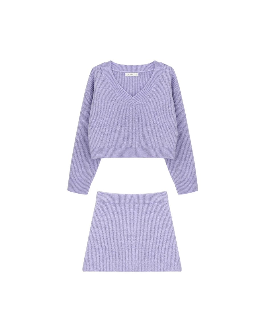 Cozy Ribbed Knit V Neck Long Sleeve Top and Matching Mini Skirt Set Wear