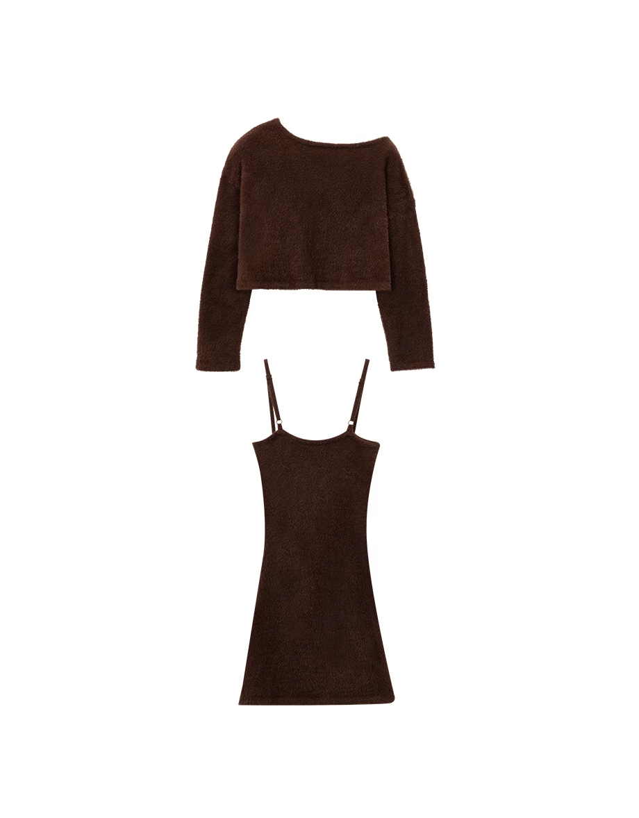 Long Sleeve Cropped Fluffy Outer Top and Spaghetti Strap Mini Dress Set Wear