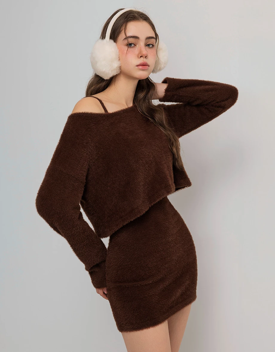 Long Sleeve Cropped Fluffy Outer Top and Spaghetti Strap Mini Dress Set Wear