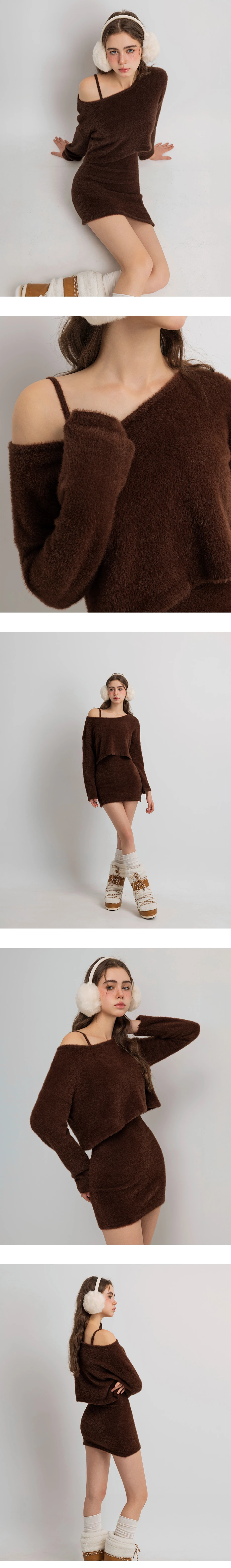 Long Sleeve Cropped Fluffy Outer Top and Spaghetti Strap Mini Dress Set Wear