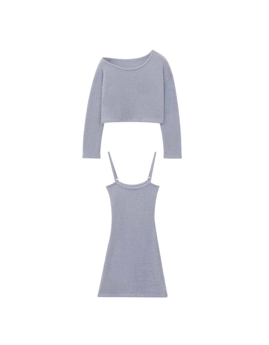 Long Sleeve Cropped Fluffy Outer Top and Spaghetti Strap Mini Dress Set Wear