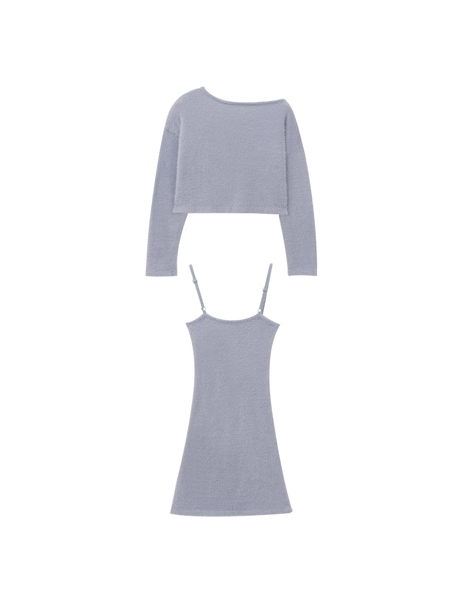 Long Sleeve Cropped Fluffy Outer Top and Spaghetti Strap Mini Dress Set Wear