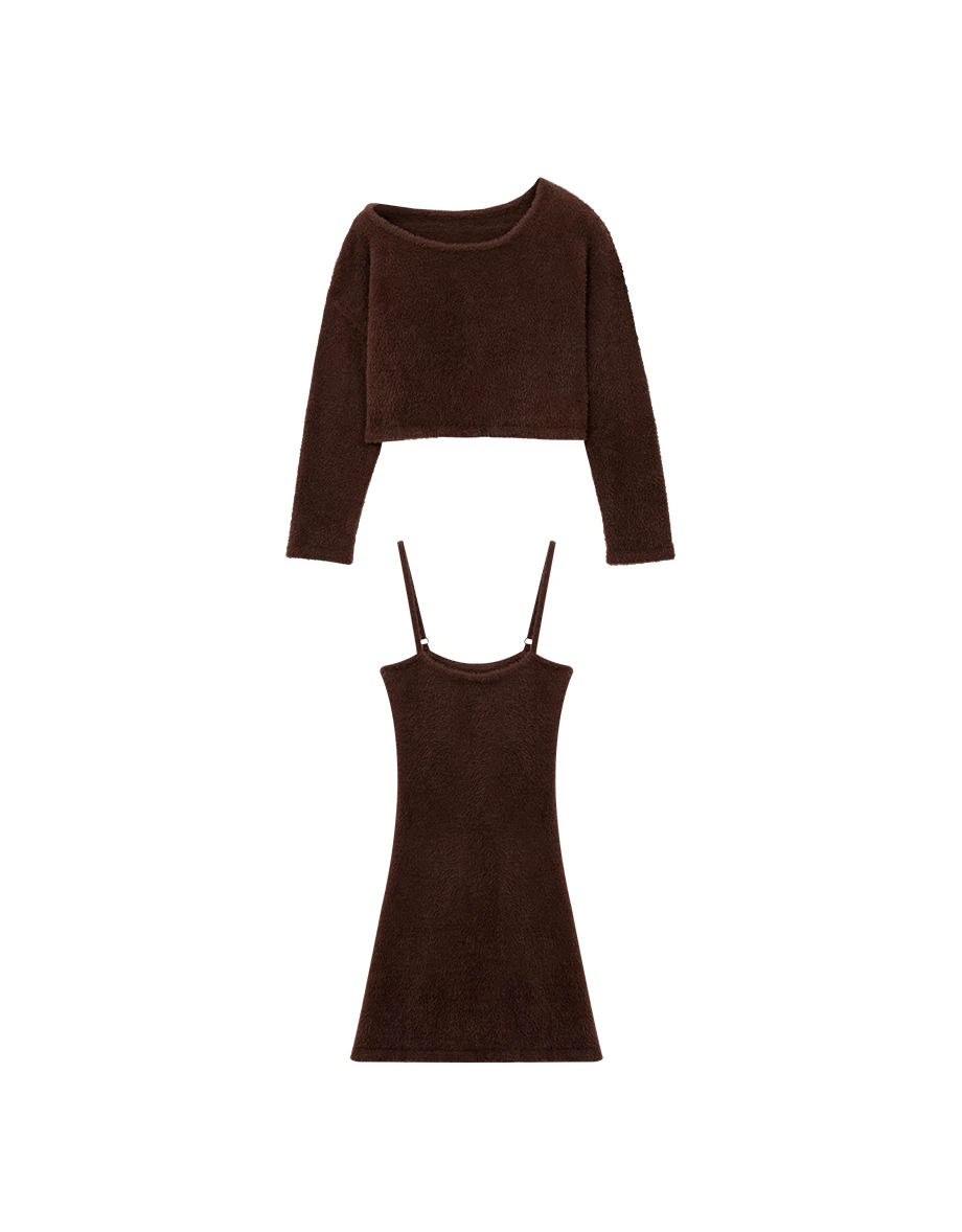 Long Sleeve Cropped Fluffy Outer Top and Spaghetti Strap Mini Dress Set Wear