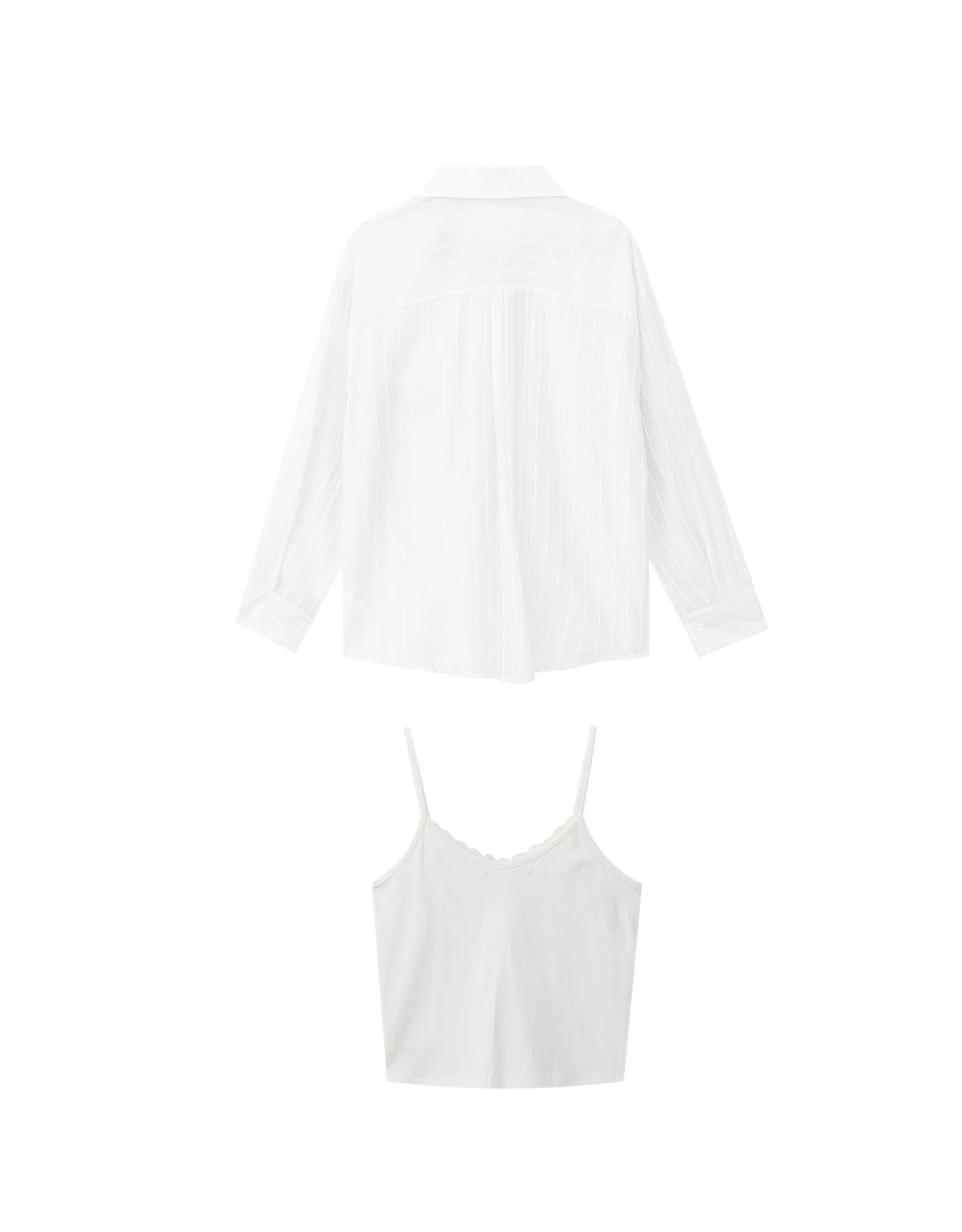 Lightstripe Semi Sheer Shirt Blouse and Lace Bow Camisole Set Wear
