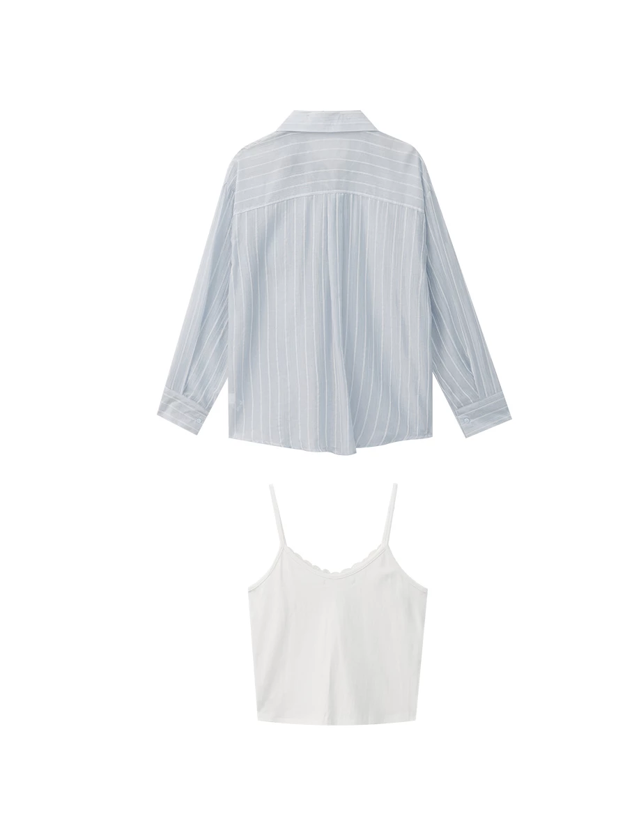 Lightstripe Semi Sheer Shirt Blouse and Lace Bow Camisole Set Wear