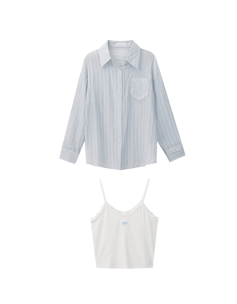 Lightstripe Semi Sheer Shirt Blouse and Lace Bow Camisole Set Wear