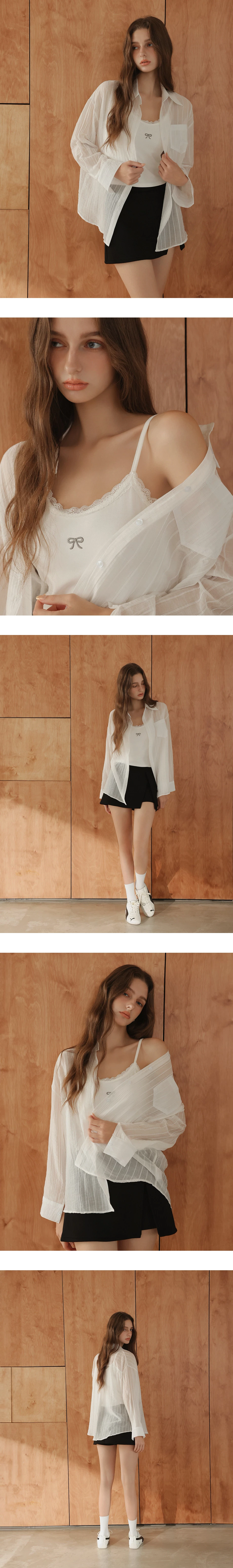 Lightstripe Semi Sheer Shirt Blouse and Lace Bow Camisole Set Wear