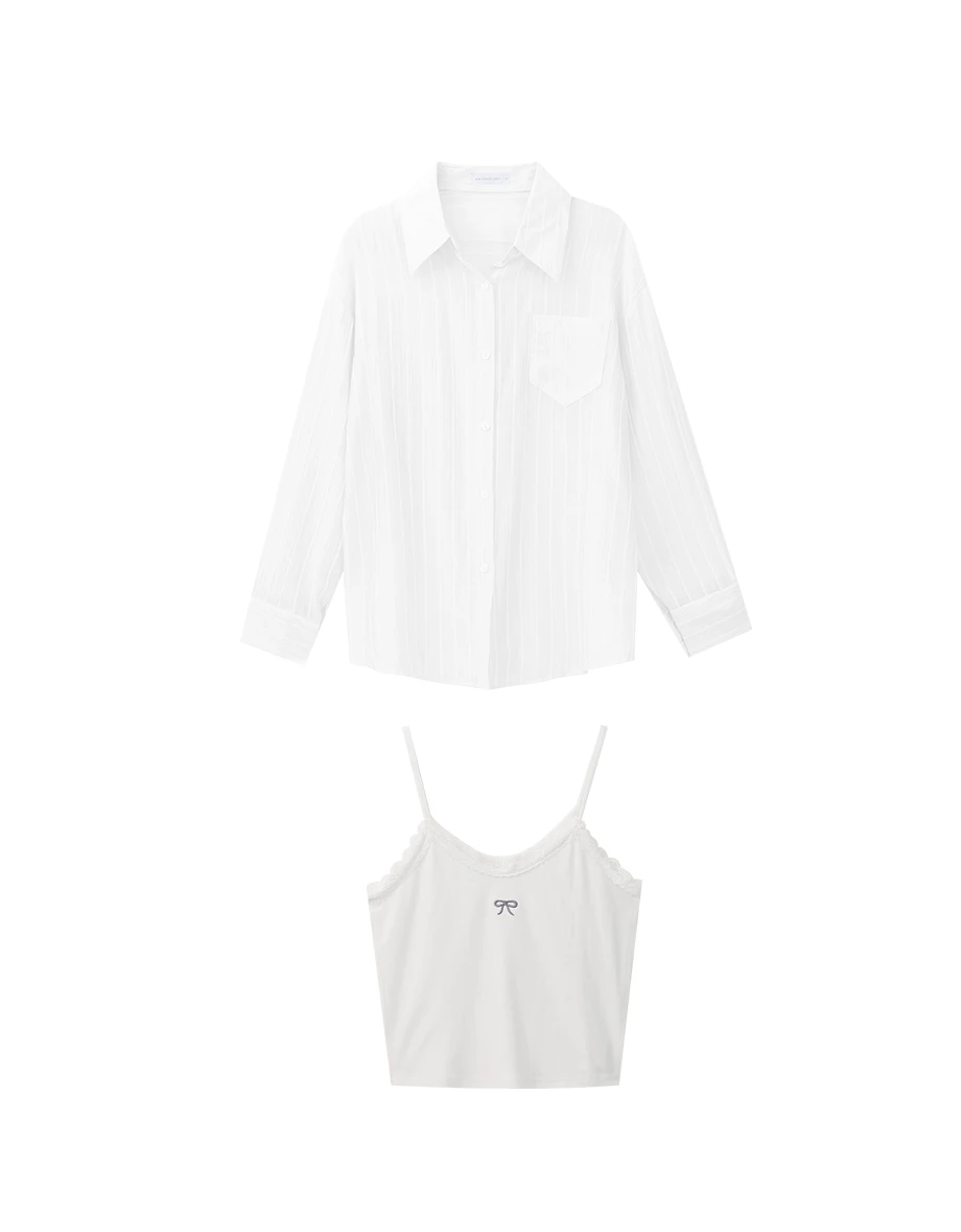 Lightstripe Semi Sheer Shirt Blouse and Lace Bow Camisole Set Wear