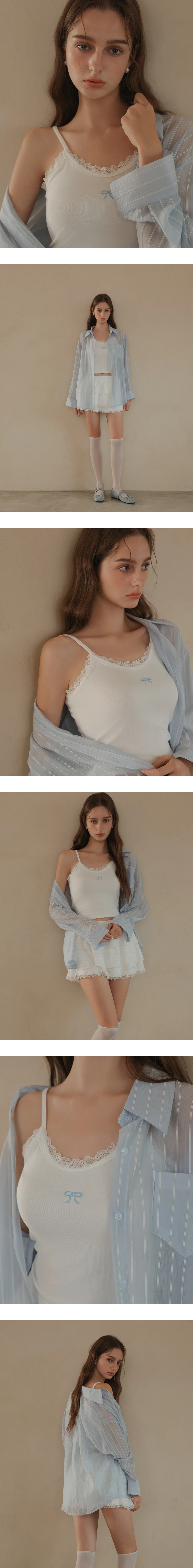 Lightstripe Semi Sheer Shirt Blouse and Lace Bow Camisole Set Wear
