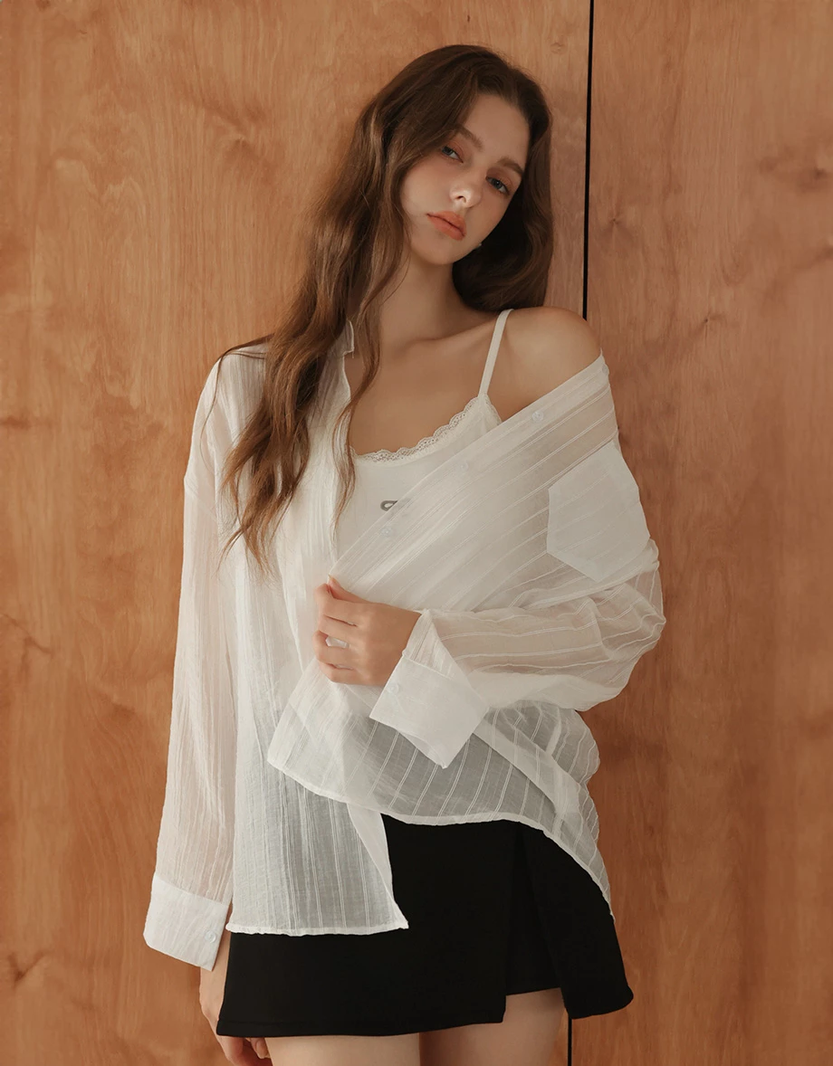 Lightstripe Semi Sheer Shirt Blouse and Lace Bow Camisole Set Wear Lightstripe Semi Sheer Shirt Blouse and Lace Bow Camisole Set Wear