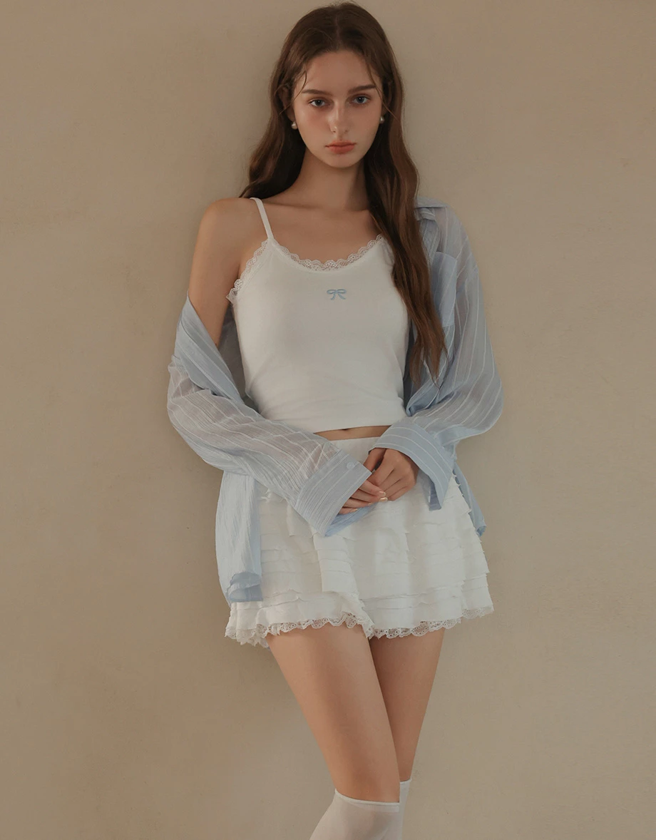 Lightstripe Semi Sheer Shirt Blouse and Lace Bow Camisole Set Wear