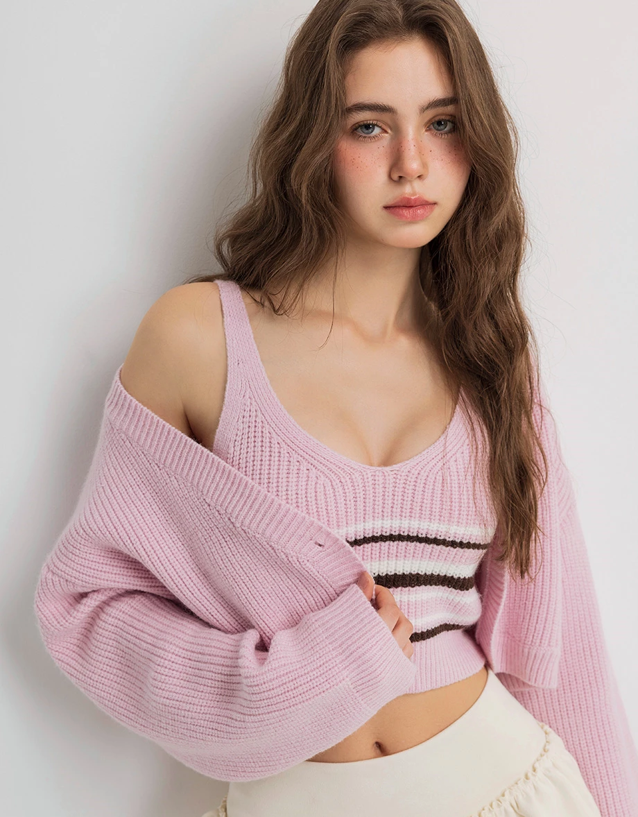 V Neck Striped Knit Tank Top and Single Button Cropped Cardigan Set Wear