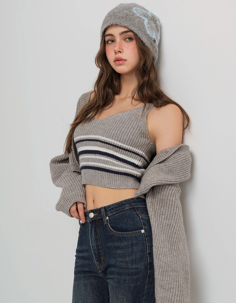 V Neck Striped Knit Tank Top and Single Button Cropped Cardigan Set Wear