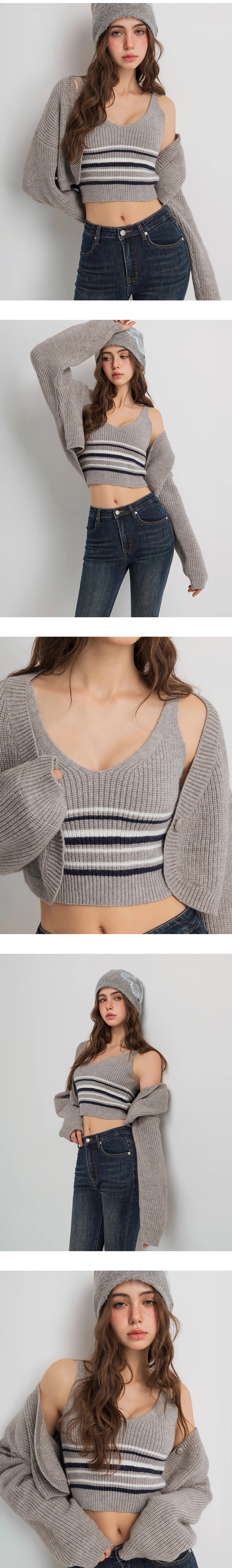 V Neck Striped Knit Tank Top and Single Button Cropped Cardigan Set Wear