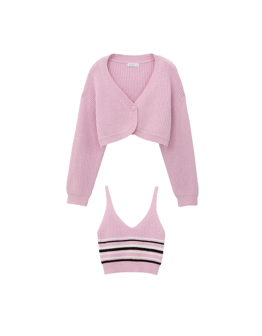 V Neck Striped Knit Tank Top and Single Button Cropped Cardigan Set Wear