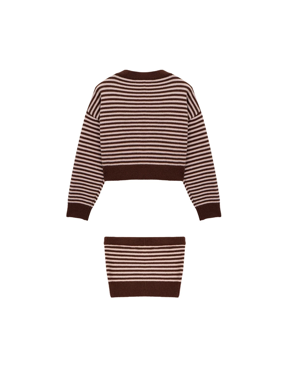 Vintage Contrast Striped Button Up Knit Cardigan and Matching Tube Top Set Wear