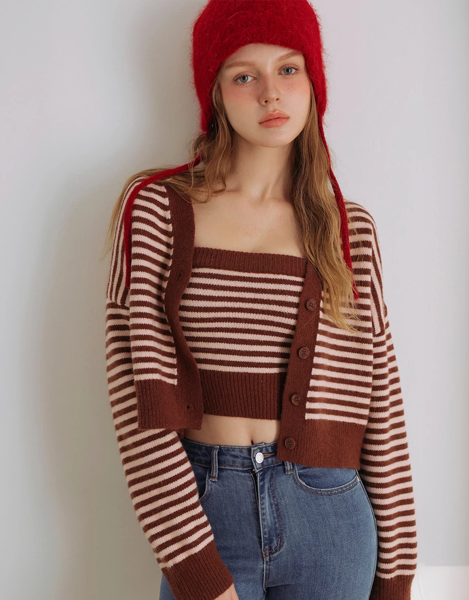 Vintage Contrast Striped Button Up Knit Cardigan and Matching Tube Top Set Wear Vintage Contrast Striped Button Up Knit Cardigan and Matching Tube Top Set Wear