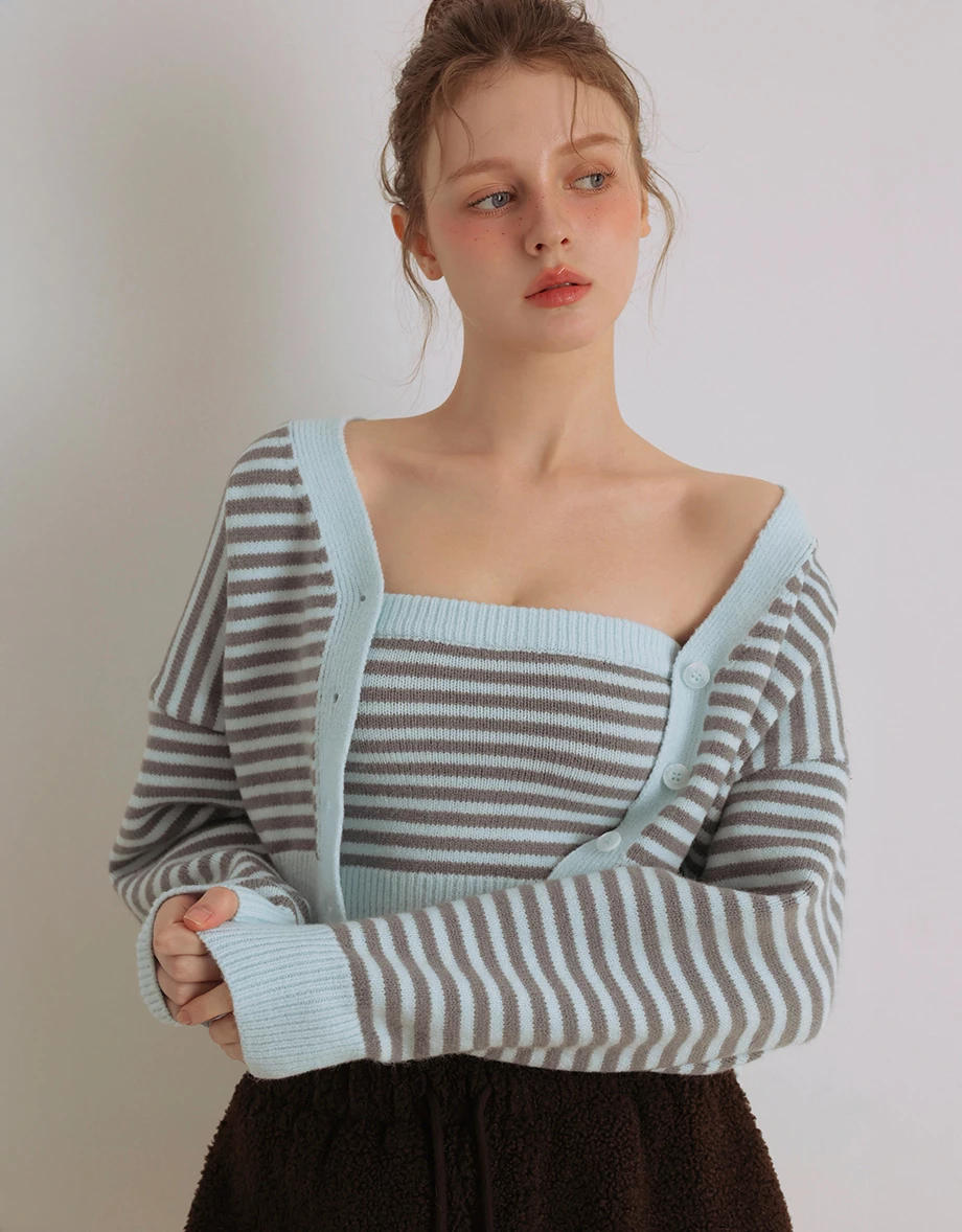 Vintage Contrast Striped Button Up Knit Cardigan and Matching Tube Top Set Wear Vintage Contrast Striped Button Up Knit Cardigan and Matching Tube Top Set Wear