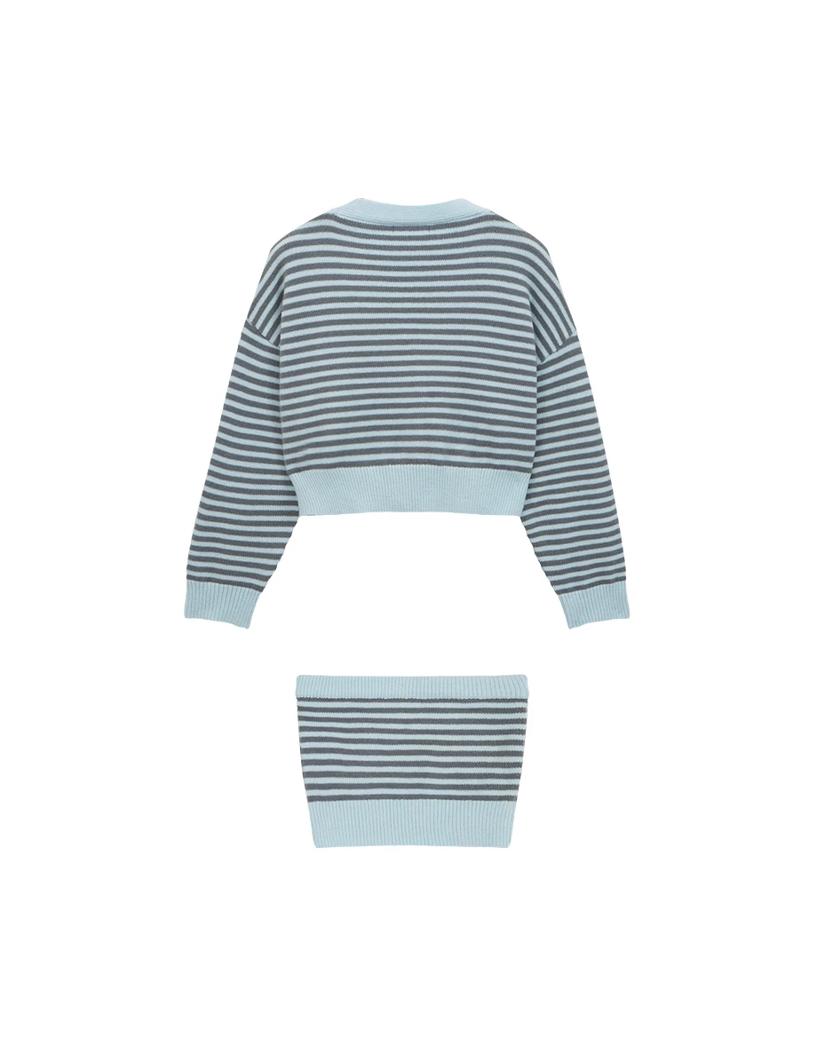 Vintage Contrast Striped Button Up Knit Cardigan and Matching Tube Top Set Wear Vintage Contrast Striped Button Up Knit Cardigan and Matching Tube Top Set Wear