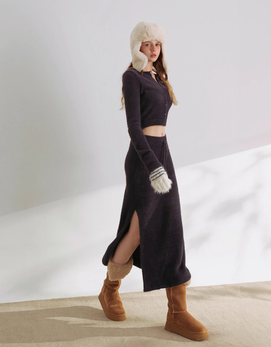 Fluffy Faux Mink Fur Knit Cardigan and Side Slit Drawstring Maxi Skirt Set Wear