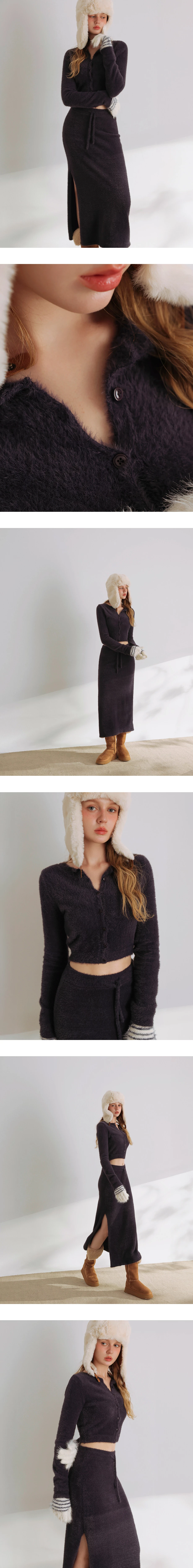 Fluffy Faux Mink Fur Knit Cardigan and Side Slit Drawstring Maxi Skirt Set Wear Fluffy Faux Mink Fur Knit Cardigan and Side Slit Drawstring Maxi Skirt Set Wear