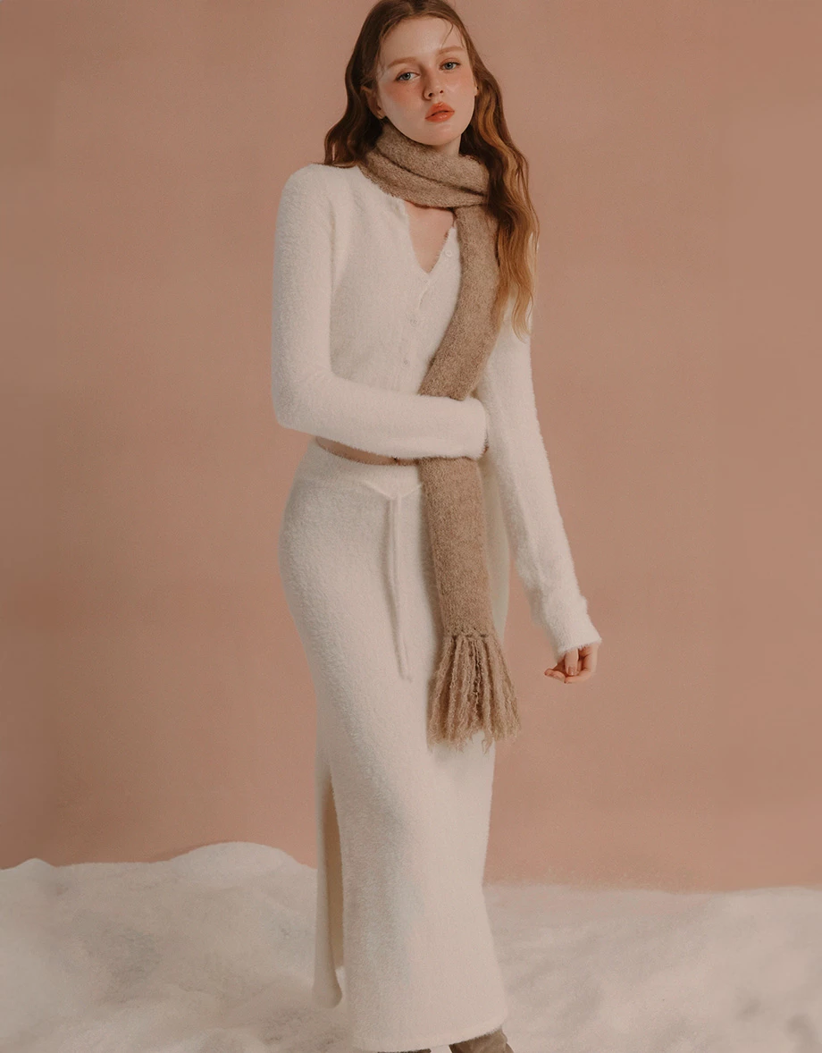 Fluffy Faux Mink Fur Knit Cardigan and Side Slit Drawstring Maxi Skirt Set Wear Fluffy Faux Mink Fur Knit Cardigan and Side Slit Drawstring Maxi Skirt Set Wear