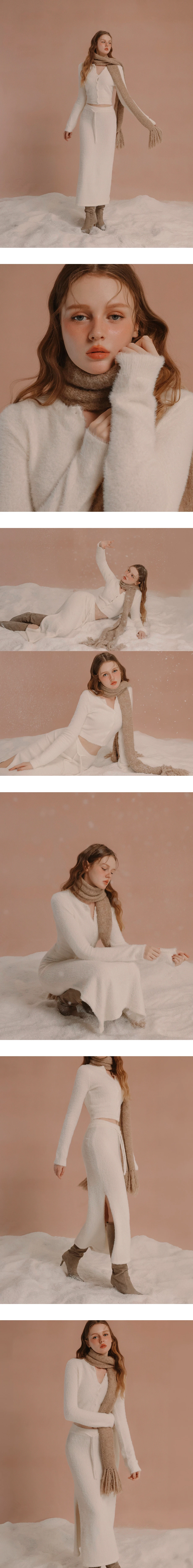 Fluffy Faux Mink Fur Knit Cardigan and Side Slit Drawstring Maxi Skirt Set Wear