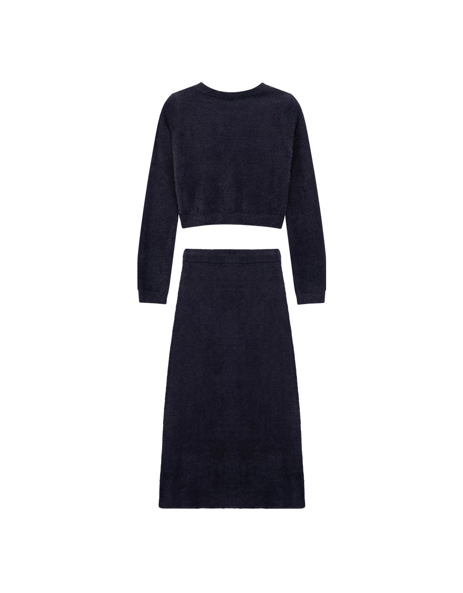 Fluffy Faux Mink Fur Knit Cardigan and Side Slit Drawstring Maxi Skirt Set Wear