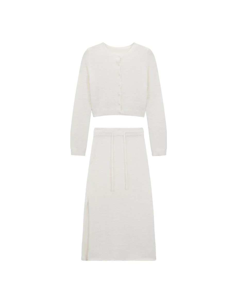 Fluffy Faux Mink Fur Knit Cardigan and Side Slit Drawstring Maxi Skirt Set Wear Fluffy Faux Mink Fur Knit Cardigan and Side Slit Drawstring Maxi Skirt Set Wear