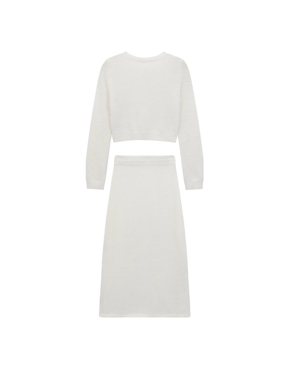 Fluffy Faux Mink Fur Knit Cardigan and Side Slit Drawstring Maxi Skirt Set Wear Fluffy Faux Mink Fur Knit Cardigan and Side Slit Drawstring Maxi Skirt Set Wear