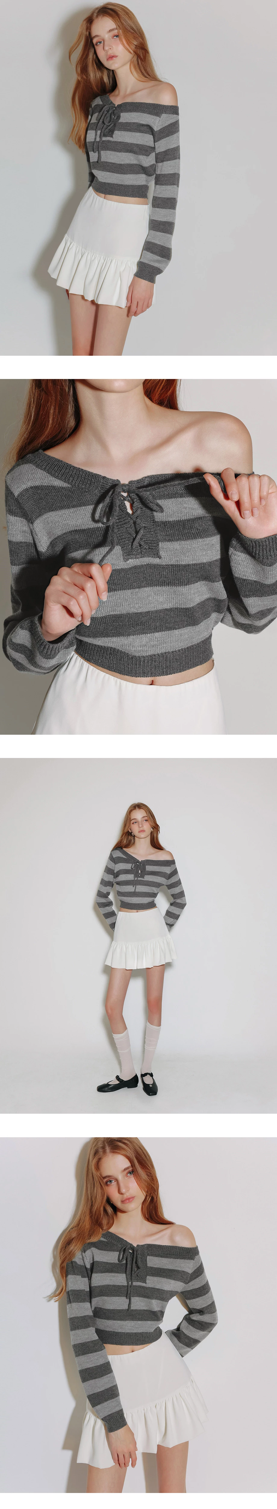 Lace Up Neckline Striped Knit Cropped Long Sleeve Crop Sweater