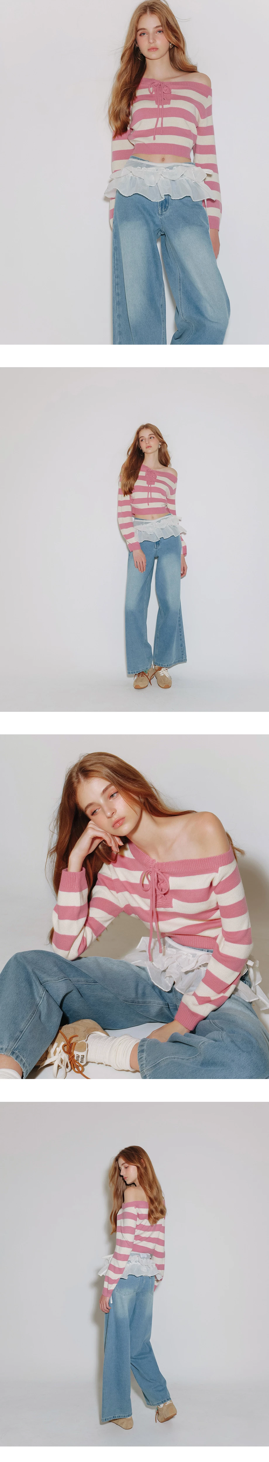 Lace Up Neckline Striped Knit Cropped Long Sleeve Crop Sweater
