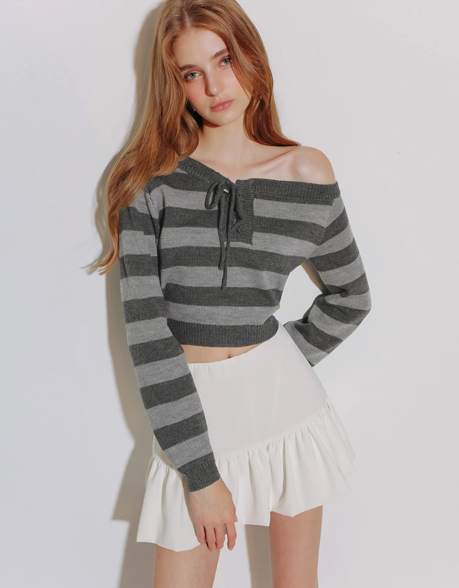 Lace Up Neckline Striped Knit Cropped Long Sleeve Crop Sweater