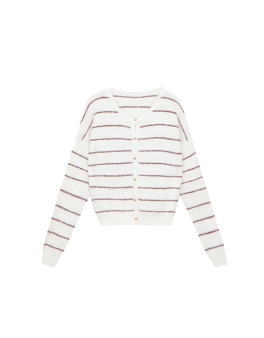Fluffy Striped Knit Cardigan with Buttons Details
