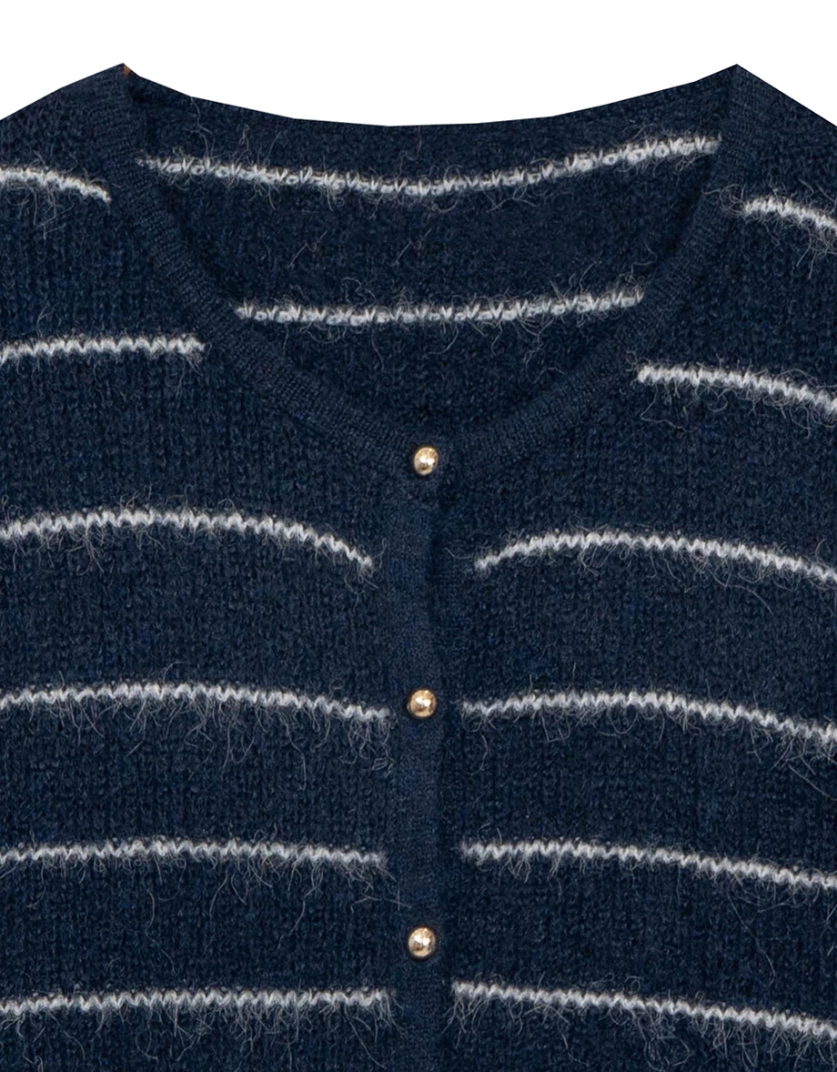 Fluffy Striped Knit Cardigan with Buttons Details