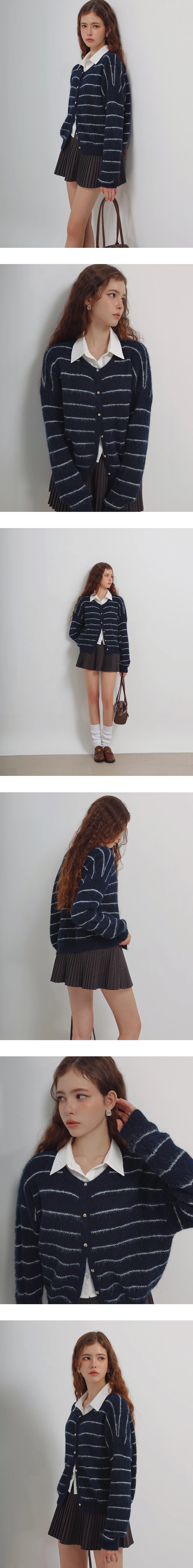 Fluffy Striped Knit Cardigan with Buttons Details