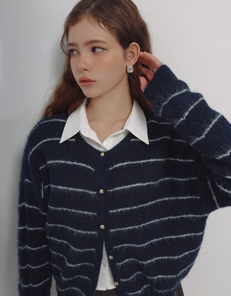 Fluffy Striped Knit Cardigan with Buttons Details