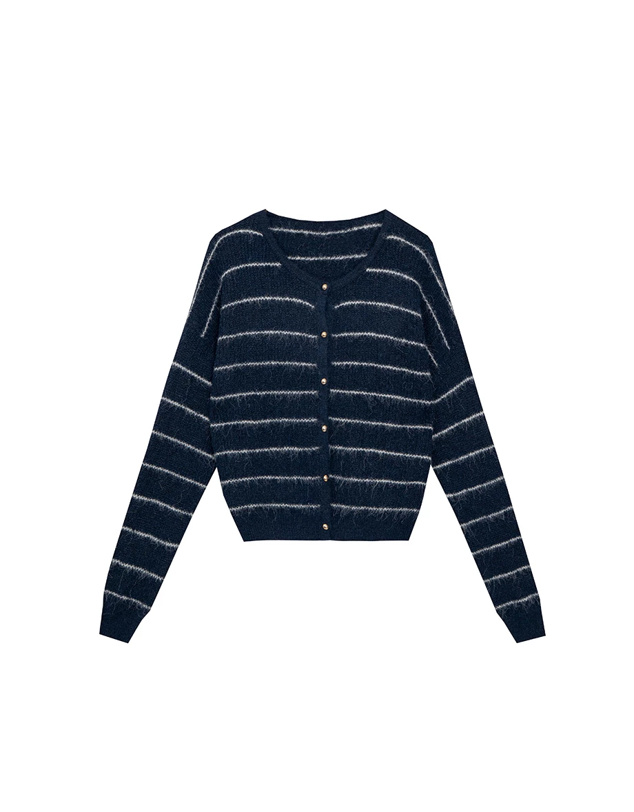 Fluffy Striped Knit Cardigan with Buttons Details