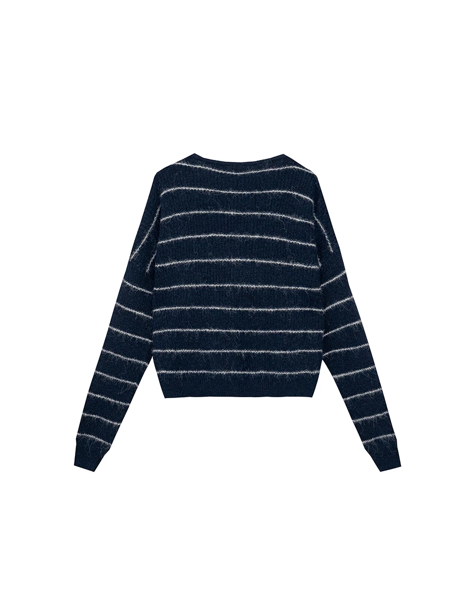 Fluffy Striped Knit Cardigan with Buttons Details