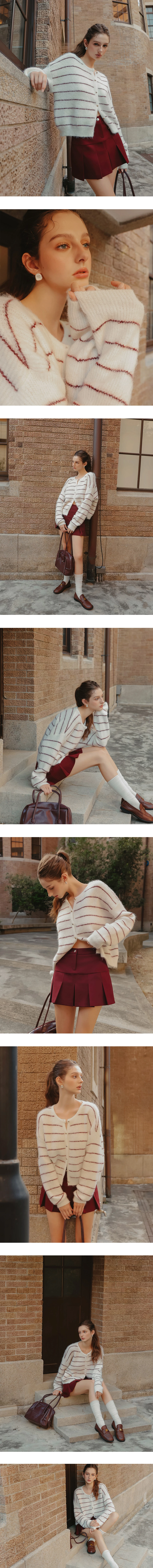 Fluffy Striped Knit Cardigan with Buttons Details