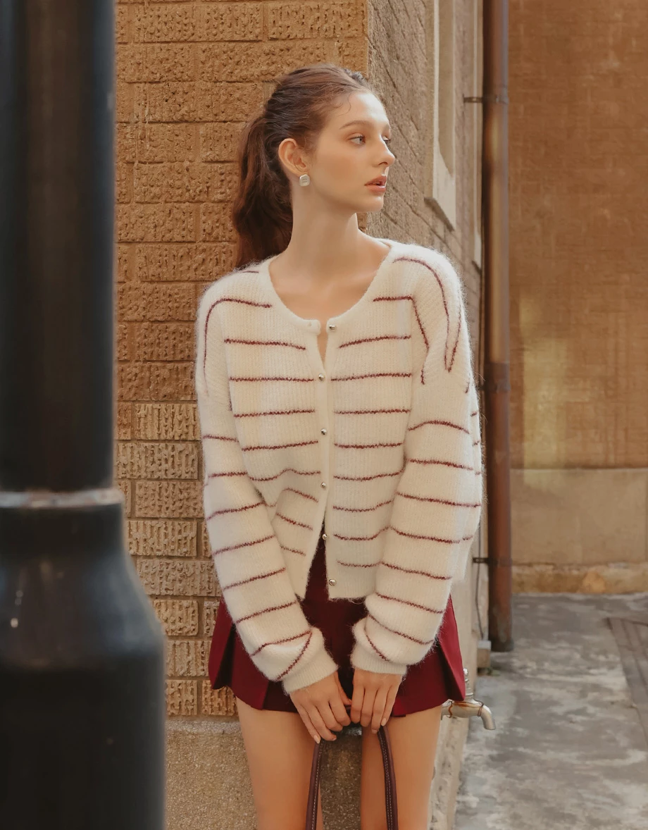 Fluffy Striped Knit Cardigan with Buttons Details