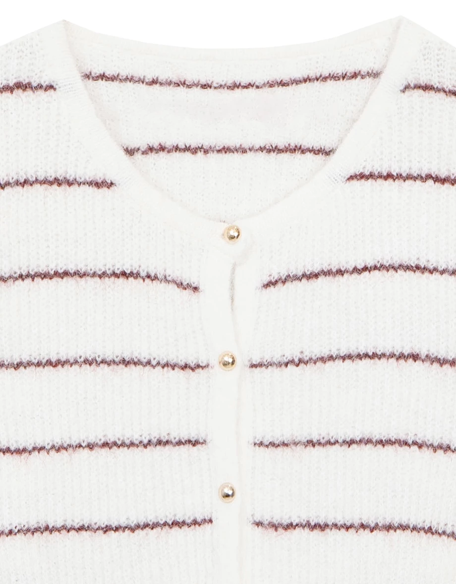Fluffy Striped Knit Cardigan with Buttons Details