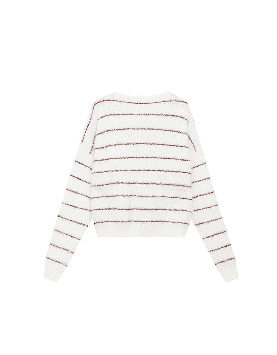 Fluffy Striped Knit Cardigan with Buttons Details