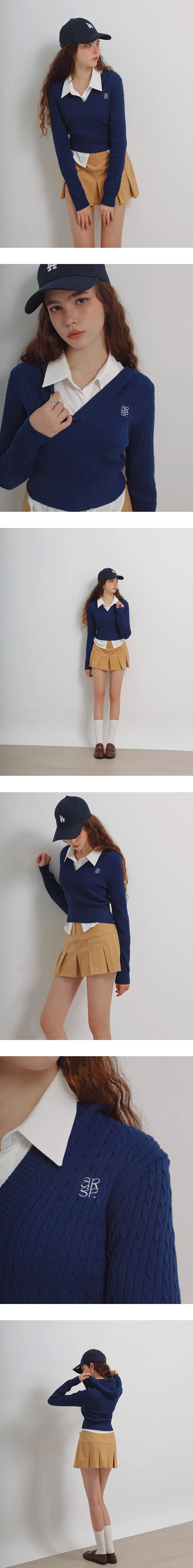 V Neck Cable Knit Cropped Sweater with AIR SPACE Logo Embroidery
