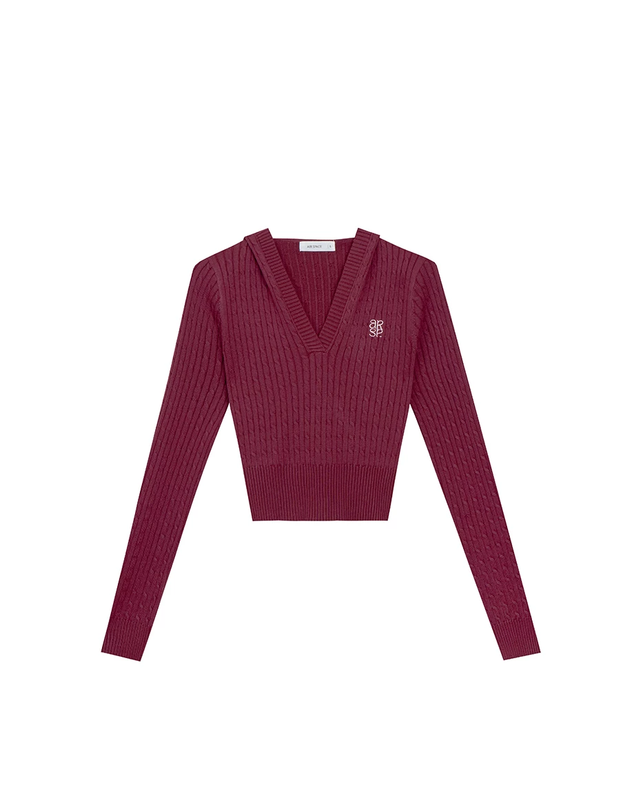 V Neck Cable Knit Cropped Sweater with AIR SPACE Logo Embroidery