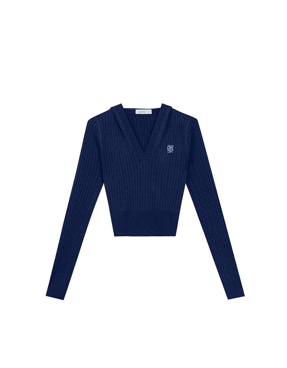 V Neck Cable Knit Cropped Sweater with AIR SPACE Logo Embroidery