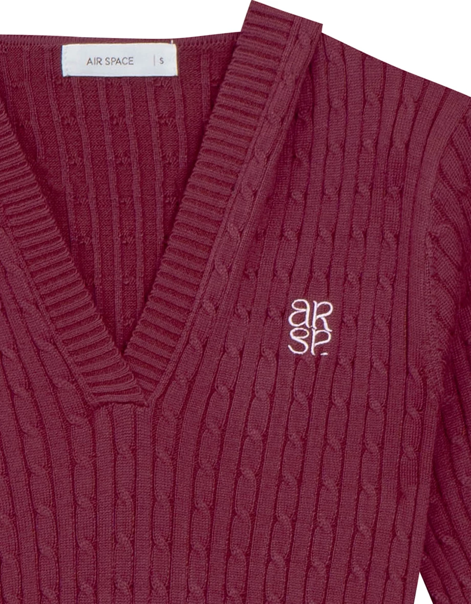 V Neck Cable Knit Cropped Sweater with AIR SPACE Logo Embroidery