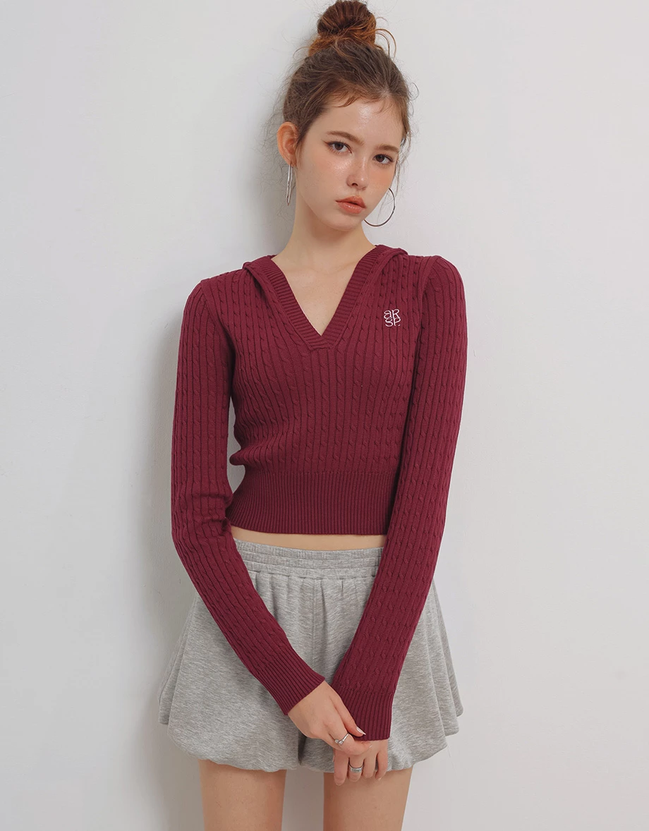 V Neck Cable Knit Cropped Sweater with AIR SPACE Logo Embroidery