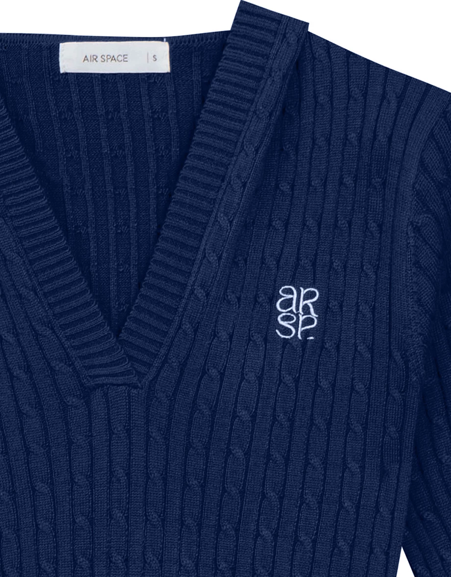 V Neck Cable Knit Cropped Sweater with AIR SPACE Logo Embroidery